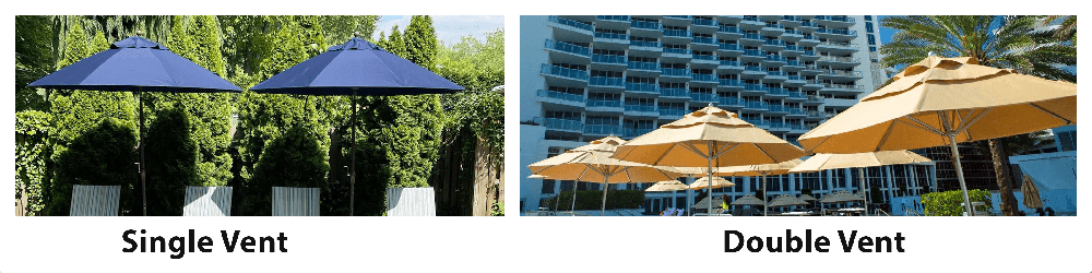 Comparison of single vent and double vent commercial umbrellas highlighting airflow design for improved wind resistance in outdoor dining and resort settings.